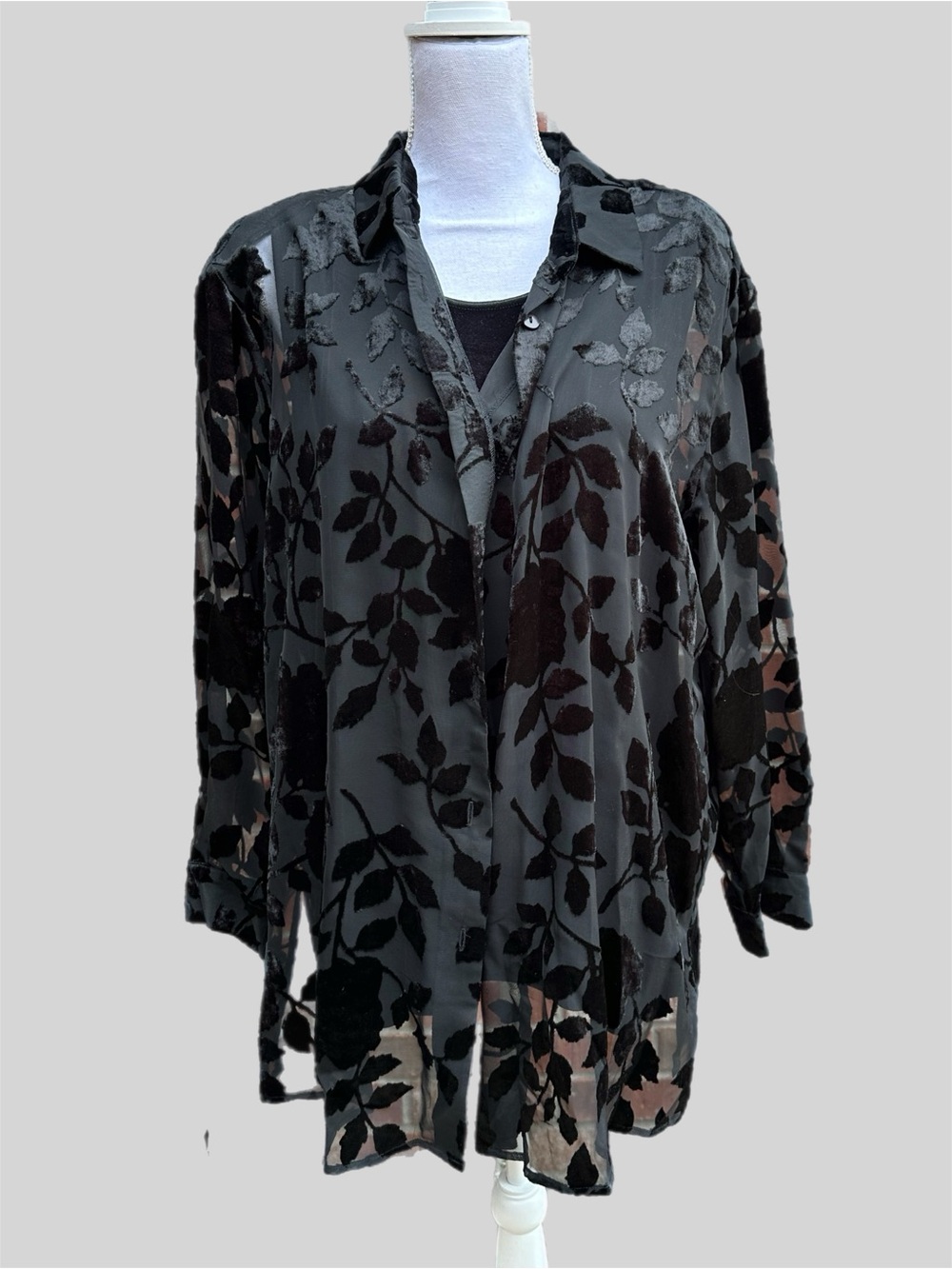 Lane Bryant Black Floral Mesh and Velvet Button-Front Women's Top w/Velvet Cami